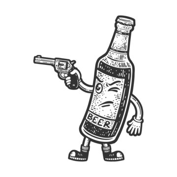 cartoon beer bottle with revolver gun pistol sketch engraving raster illustration. T-shirt apparel print design. Scratch board imitation. Black and white hand drawn image.