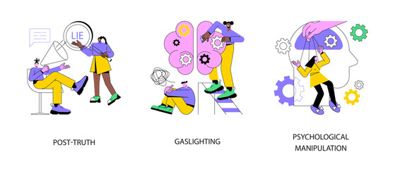 Social engineering abstract concept vector illustration set. Post-truth, gaslighting and psychological manipulation, fake news, cyber propaganda, mental abuse, cognitive dissonance abstract metaphor.