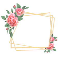 Elegant gold frame with roses. Suitable for decorating invitations, greeting cards - 504975890