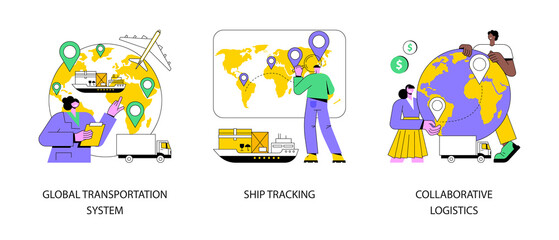 International delivery service abstract concept vector illustration set. Global transportation system, ship tracking, collaborative logistics, marine traffic, online global tracker abstract metaphor.