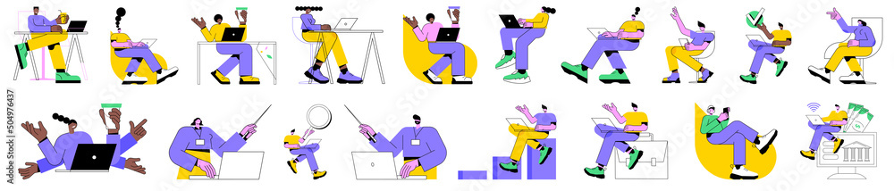 Wall mural Colorful vector illustration set of isolated people with computers at workplace virtual video conference call and meeting. Diverse men and women with laptops at remote work online business