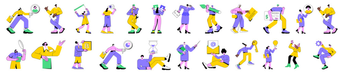 Colorful vector illustration set of business people in work process. Diverse men and women carry out work assignments, manager explaining the presentation, team members at workplace, office tasks.