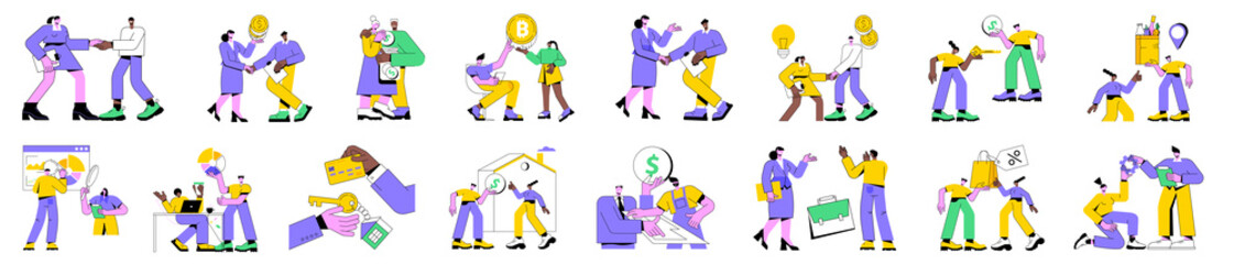 Colorful vector illustration set of negotiating business people. Diverse men and women at business meetings, conclude an agreement, agree on cooperation, shake hands, sell goods and services.
