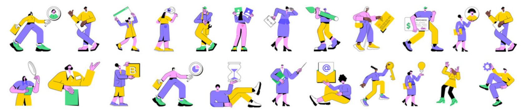 Colorful Vector Illustration Set Of Business People In Work Process. Diverse Men And Women Carry Out Work Assignments, Manager Explaining The Presentation, Team Members At Workplace, Office Tasks.