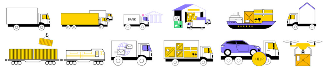 Cargo and container transportation and delivery colorful linear flat vector illustrations set. Global logistics, freight loading, logistics center, drone parcel delivery, postal service, warehousing.