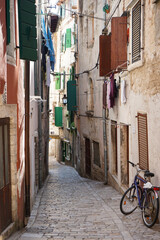 Stunning stone paved street with colorful houses of old town Rovinj, Istria region, Croatia	