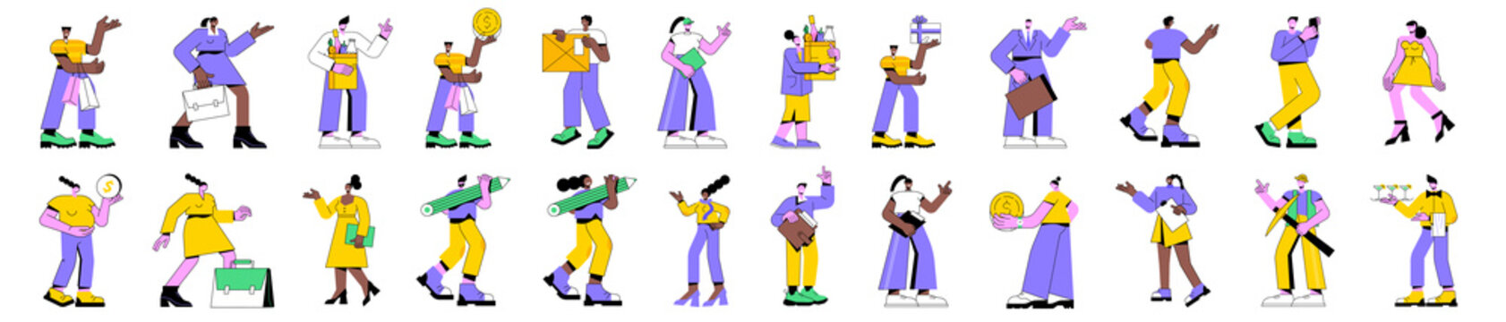 Colorful linear vector isolated illustration set of isolated characters in daily pursuits. People going shopping, going to office, daily routine. Restaurant and bank diverse workers. Urban lifestyle.