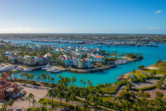 Harborside Villas aerial view at Nassau Harbour with Nassau downtown at the background, from Paradise Island, Bahamas.