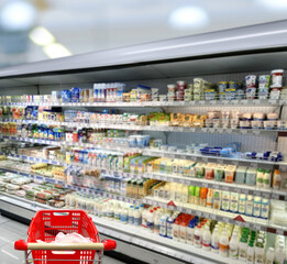 choosing a dairy products at supermarket.empty grocery cart in an empty supermarket