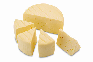 Fresh Italian caciotta, a form of cheese cut into wedges with one slice facing up. Isolated on white