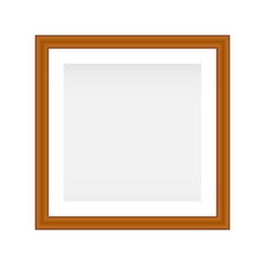 Photo frame. Wooden square mockup. Realistic empty brown photoframe. Vector illustration isolated on white.
