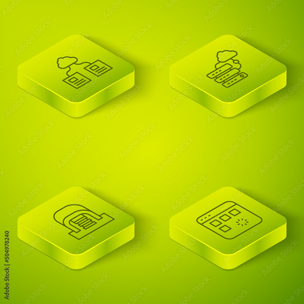 Poster set isometric line network cloud connection, hangar with servers, loading data window and cloud tech