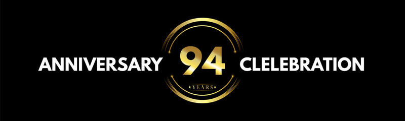 94 years anniversary gold and white color with circle ring isolated on black background for anniversary celebration event, birthday party, brochure, web, greeting card. 94 Year Anniversary Logotype