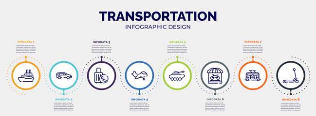 infographic for transportation concept. vector infographic template with icons and 8 option or steps. included cruise ship, station wagon, final call, small plane, armored vehicle, bike shop,