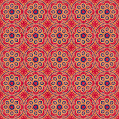 Indian boho summer bandana seamless symmetrical pattern. Versatile masculine red blue scarf print in kaleidoscopic floral ornamental style.