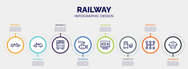 Fototapeta na wymiar infographic for railway concept. vector infographic template with icons and 8 option or steps. included convertible, convertible car, flight information, car engine, computer test, refilling, manual