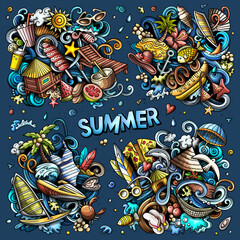 Fototapeta premium Summer beach cartoon vector doodle designs set.