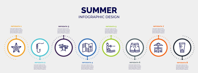 infographic for summer concept. vector infographic template with icons and 8 option or steps. included sea star, fish and hook, island with palm trees, travel guide, waterski, swimming trunks,