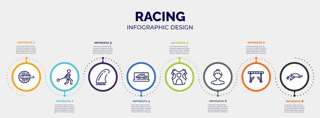 infographic for racing concept. vector infographic template with icons and 8 option or steps. included crank, hammer throwing, fin, backup car, protector, null, hurdle, autocross editable vector.