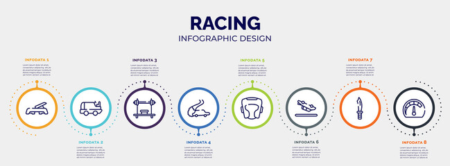 infographic for racing concept. vector infographic template with icons and 8 option or steps. included fitness step, ice resurfacer, bench press, drifting, headgear, null, dive knife, mph editable