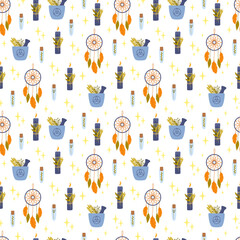 Vector seamless pattern with magic items. Witchcraft texture for wallpaper, web page background, wrapping paper and etc. Halloween background design