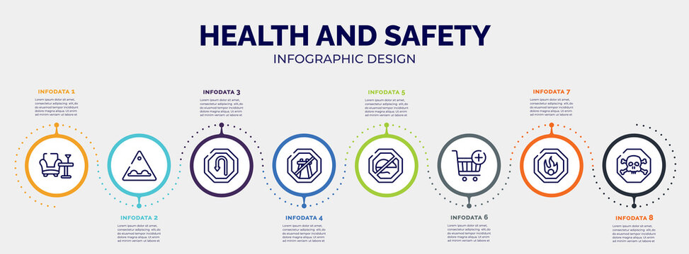 infographic for health and safety concept. vector infographic template with icons and 8 option or steps. included lounge, bumps, left hair pin, end motorway, no rodents, add button, oxidant,
