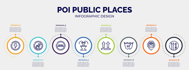 Fototapeta na wymiar infographic for poi public places concept. vector infographic template with icons and 8 option or steps. included shock, no bomb jump, road crossing, fountain, lift, null, inmigration check point,