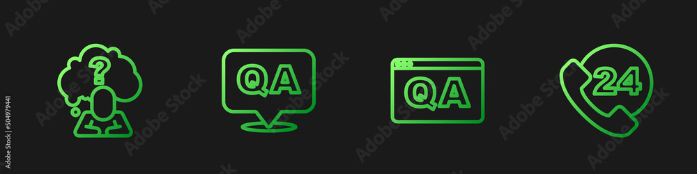 Poster set line question and answer, head with question mark, and telephone 24 hours support. gradient colo