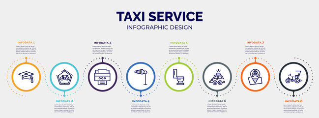 infographic for taxi service concept. vector infographic template with icons and 8 option or steps. included graduate cap, ecological bicycle transport, portable printer, wind flag, toilet side