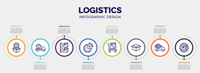 infographic for logistics concept. vector infographic template with icons and 8 option or steps. included package for delivery, moving home, storage capacity, pizzas, delivery cart, package