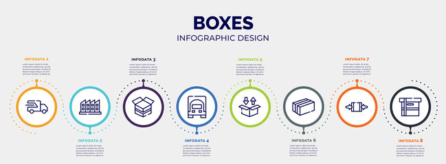 Fototapeta na wymiar infographic for boxes concept. vector infographic template with icons and 8 option or steps. included fast transport, manufacturing plant, open cardboard box, frontal truck, delivery packaging box,