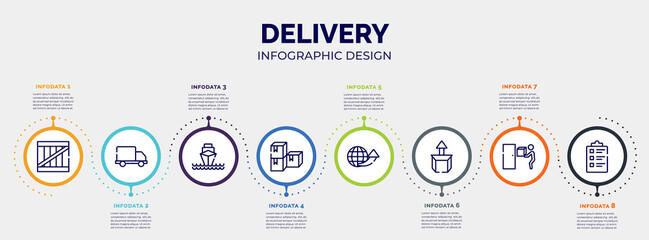 infographic for delivery concept. vector infographic template with icons and 8 option or steps. included wooden box, free delivery truck, ocean transportation, stack package, international delivery,