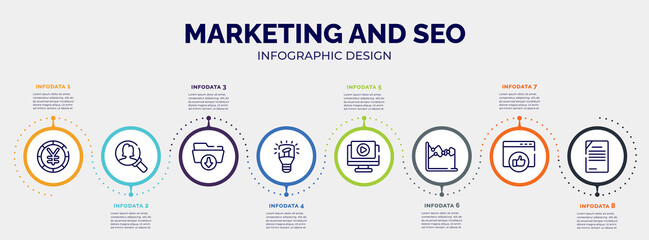 infographic for marketing and seo concept. vector infographic template with icons and 8 option or steps. included yen big coin, person search, download folder, light modern lamp tool, play video,