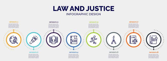 infographic for law and justice concept. vector infographic template with icons and 8 option or steps. included international law, violence, prisoner, law book, escape, butterfly knife, labour and