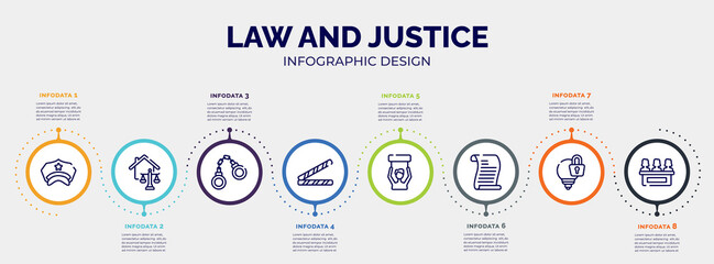 infographic for law and justice concept. vector infographic template with icons and 8 option or steps. included police hat, real estate law, criminal law, police line, civil rights, scroll with