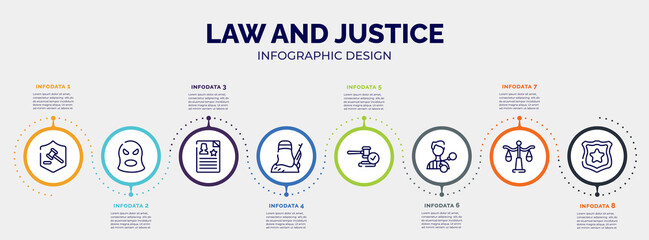 infographic for law and justice concept. vector infographic template with icons and 8 option or steps. included defense, balaclava, criminal record, , veredict, criminal, justice scale, police