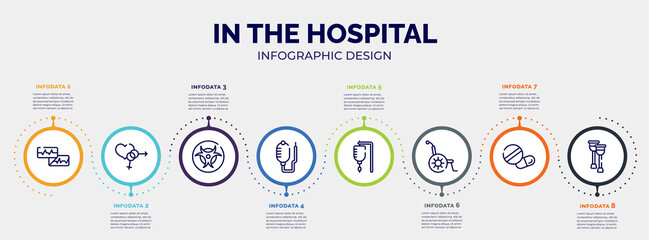 Fototapeta na wymiar infographic for in the hospital concept. vector infographic template with icons and 8 option or steps. included electrocardiogram report, united heterosexual, toxic, health drip, hospital drip bag,