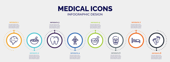 Fototapeta na wymiar infographic for medical icons concept. vector infographic template with icons and 8 option or steps. included human brain, phary, teeth, x ray of a man, medicines bowl, human skull, illness on bed,