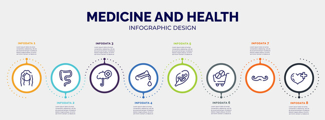 infographic for medicine and health concept. vector infographic template with icons and 8 option or steps. included long wavy hair, large intestine, umbrella with plus, test tube, flask and drop of