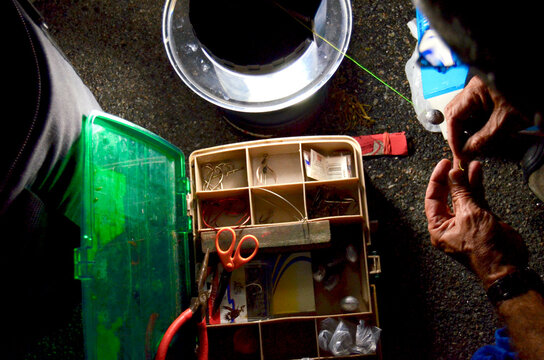 Night-Time Fishing Tackle Box Lighted by LED Lamp Light.