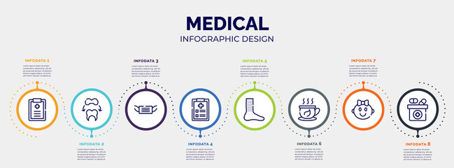 infographic for medical concept. vector infographic template with icons and 8 option or steps. included medical prescription, dental crown, medical mask, examination, urticaria, herbal tea, baby