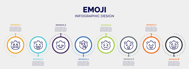 Fototapeta na wymiar infographic for emoji concept. vector infographic template with icons and 8 option or steps. included crying emoji, tongue emoji, sad curious pensive frowning with open mouth yelling tongue out