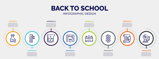 infographic for back to school concept. vector infographic template with icons and 8 option or steps. included pill jar, celsius, agitator, curtain, concave, hopscotch, degree, alarm bell editable