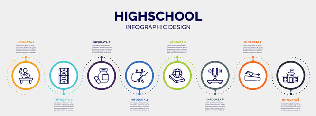 infographic for highschool concept. vector infographic template with icons and 8 option or steps. included raising hand, basketball court, medicines, liver, politics, tuning fork, acceleration, high