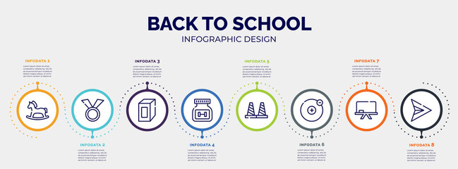 infographic for back to school concept. vector infographic template with icons and 8 option or steps. included hobby horse, medals, juice box, supplement, bollards, electron, chalkboard, paper