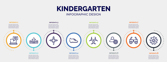 infographic for kindergarten concept. vector infographic template with icons and 8 option or steps. included elearning, fort, roundabout, football boots, hazard, engeneering, testing glasses,