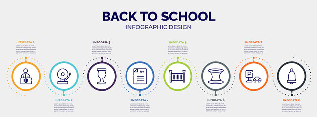 infographic for back to school concept. vector infographic template with icons and 8 option or steps. included x ray, school bell, sports and competition, scores, crib, wormhole, car park, school