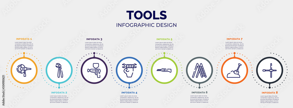Aufkleber infographic for tools concept. vector infographic template with icons and 8 option or steps. include