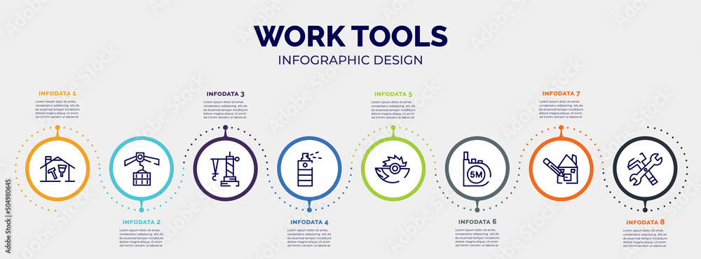 Aufkleber infographic for work tools concept. vector infographic template with icons and 8 option or steps. in