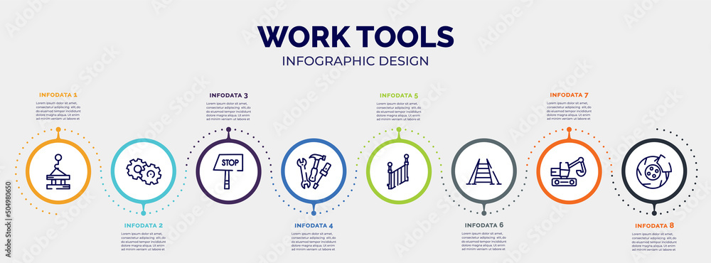 Aufkleber infographic for work tools concept. vector infographic template with icons and 8 option or steps. in
